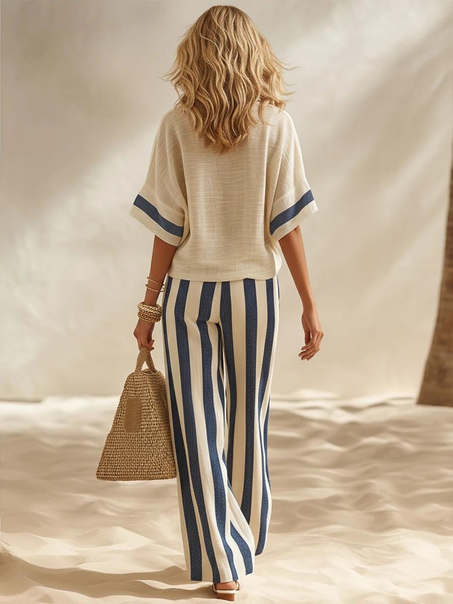 🎁New Arrivals🔥Beige Textured Cotton-linen Color-block Top & Blue-white Striped Elastic Waist Wide-leg Pants Set