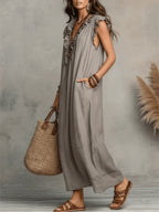 🌷Flowy Ruffle V-Neck Maxi Dress – Elegant, Slimming & Effortlessly Chic