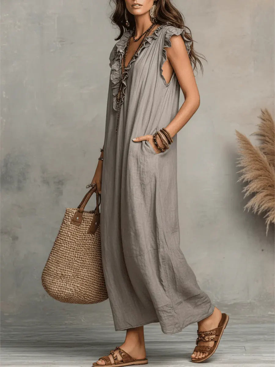 🌷Flowy Ruffle V-Neck Maxi Dress – Elegant, Slimming & Effortlessly Chic