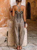🎁New Arrivals🔥Women's V-neck Sleeveless Wide-leg Jumpsuit — Casual, Loose-fit Cotton-linen Blend With Placement Print