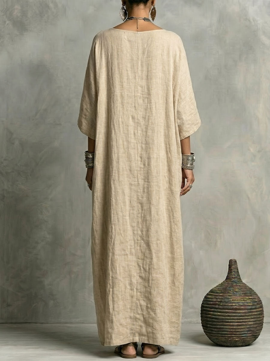 🎁New Arrivals🔥Women's Round-neck 3/4-sleeve Single-breasted Cotton-linen Maxi Dress