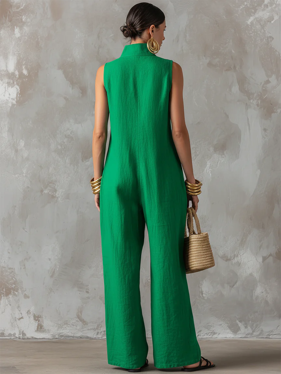 🎁New Arrivals🔥Minimalist & Elegant Stand-collar Sleeveless Cotton-linen Wide-leg Jumpsuit