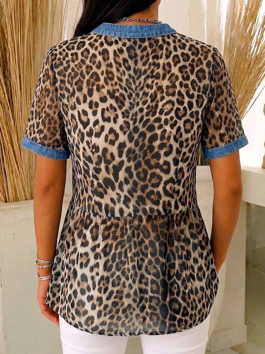🎁New Arrivals🔥Women's Leopard Print Stand-collar Short-sleeve Casual Loose Denim Cardigan With Chiffon Paneling