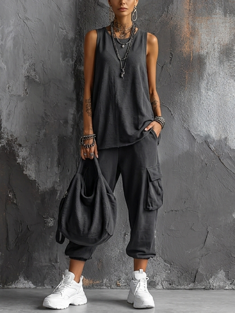 🎁New Arrivals🔥Casual Street-style Sleeveless Cotton T-shirt And Pants Two-piece Set