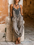 🎁New Arrivals🔥Women's V-neck Sleeveless Wide-leg Jumpsuit — Casual, Loose-fit Cotton-linen Blend With Placement Print