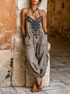 🎁New Arrivals🔥Women's V-neck Sleeveless Wide-leg Jumpsuit — Casual, Loose-fit Cotton-linen Blend With Placement Print