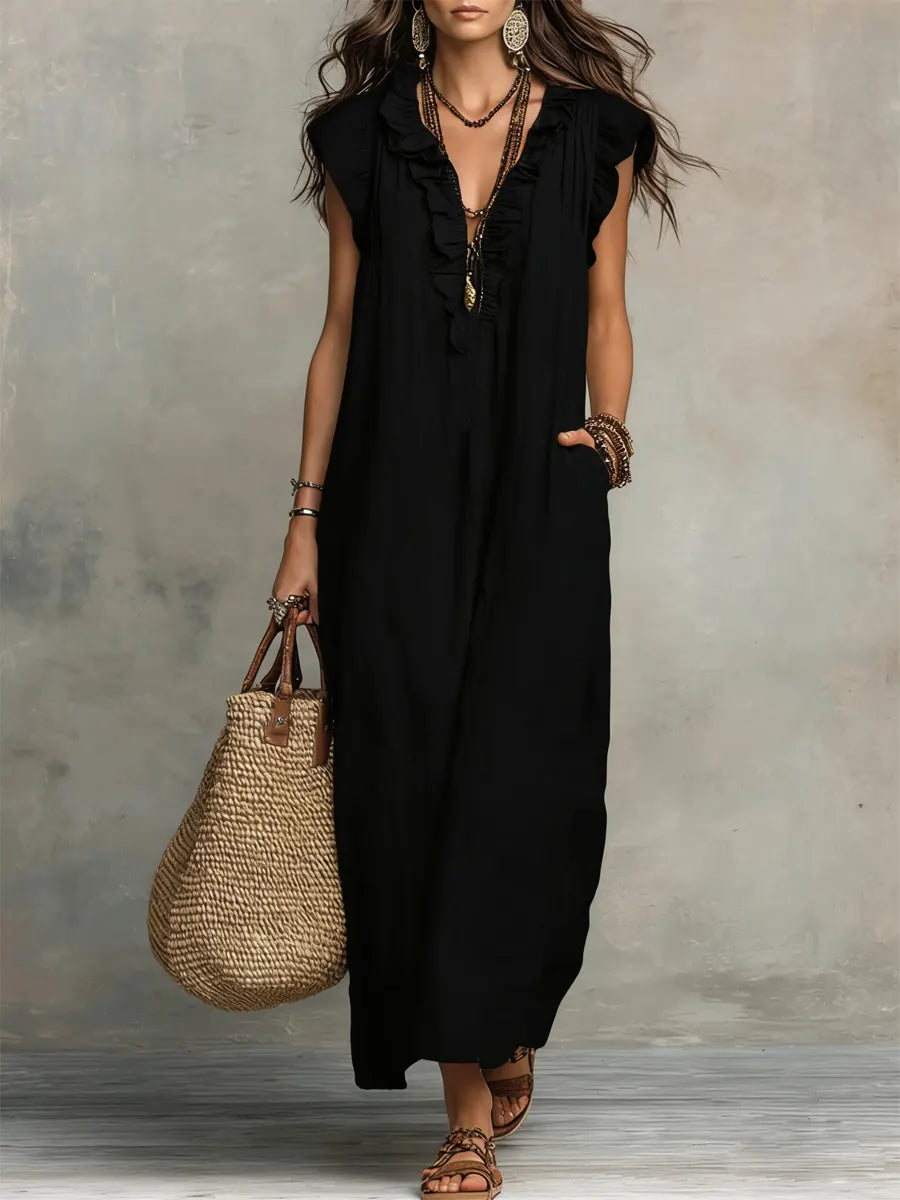 🌷Flowy Ruffle V-Neck Maxi Dress – Elegant, Slimming & Effortlessly Chic