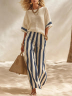 🎁New Arrivals🔥Beige Textured Cotton-linen Color-block Top & Blue-white Striped Elastic Waist Wide-leg Pants Set