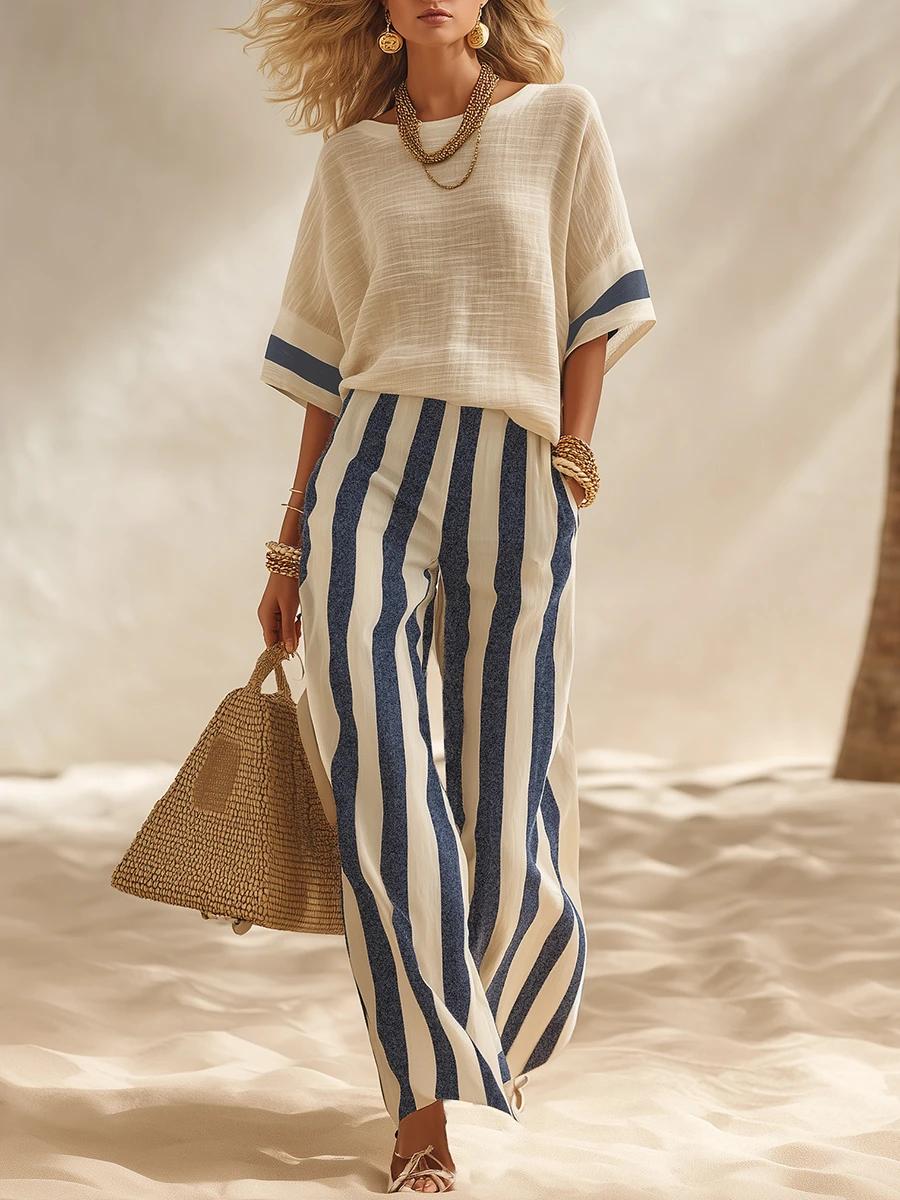 🎁New Arrivals🔥Beige Textured Cotton-linen Color-block Top & Blue-white Striped Elastic Waist Wide-leg Pants Set