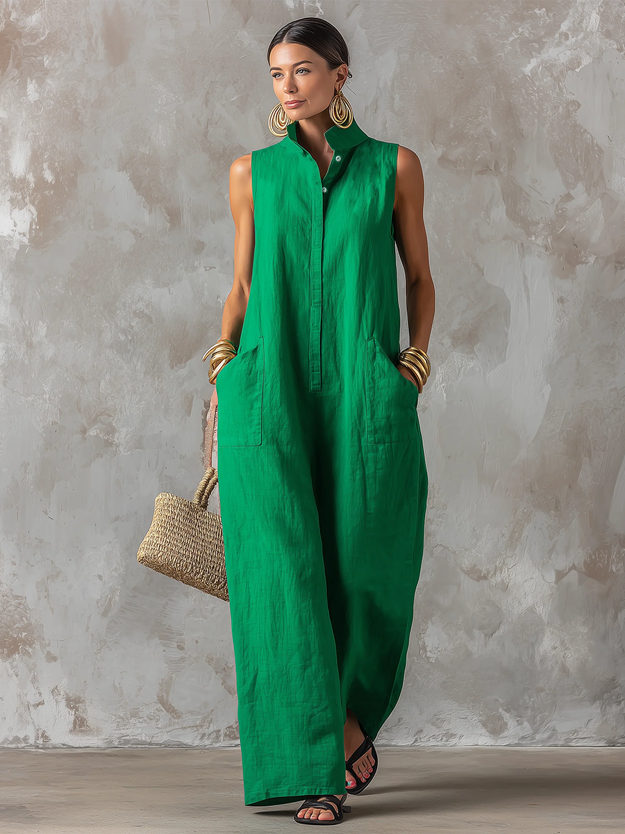🎁New Arrivals🔥Minimalist & Elegant Stand-collar Sleeveless Cotton-linen Wide-leg Jumpsuit