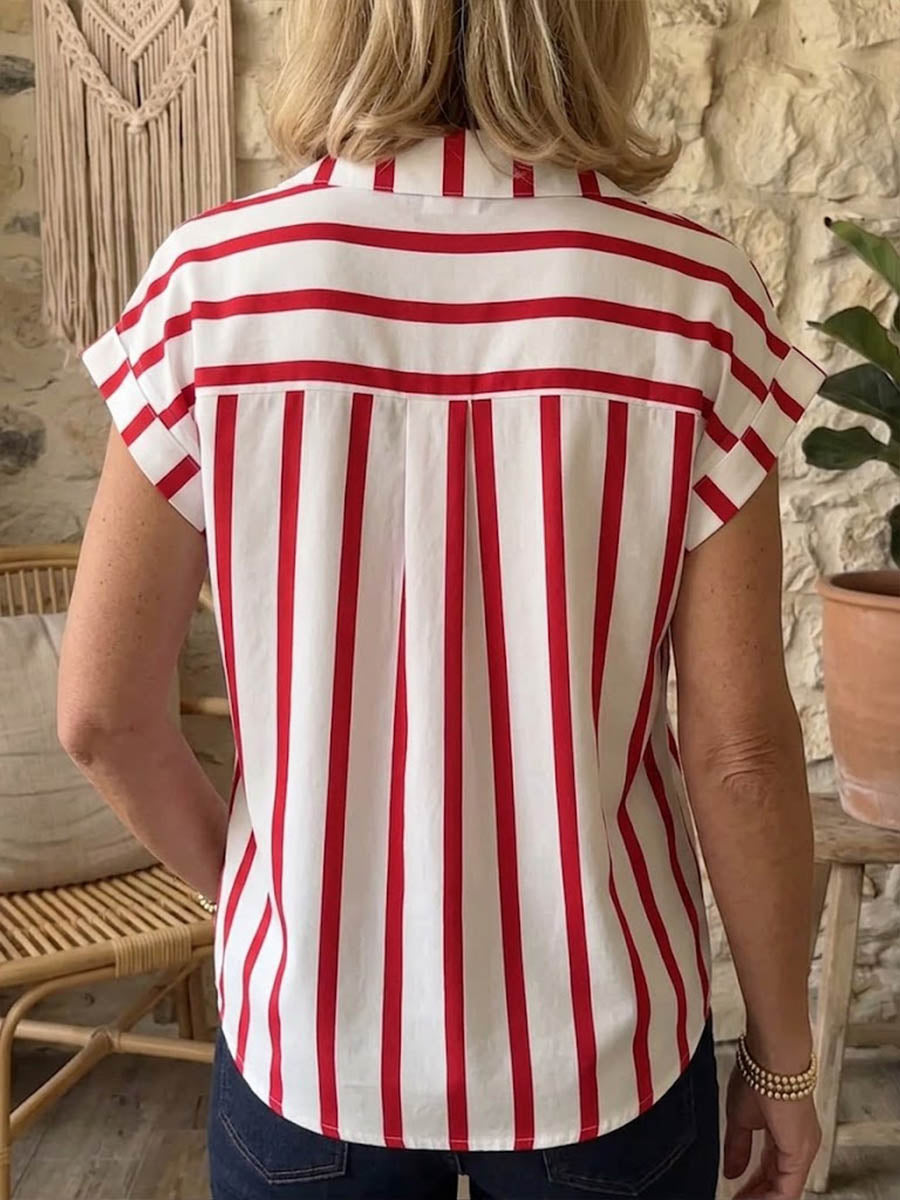 🎁New Arrivals🔥Women's Striped V-neck Short-sleeve Casual Loose Cotton-linen Shirt