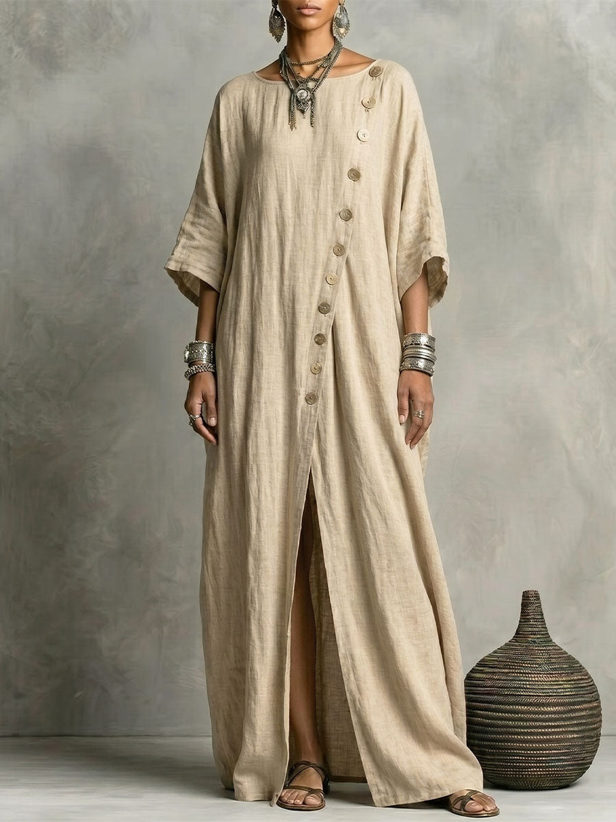 🎁New Arrivals🔥Women's Round-neck 3/4-sleeve Single-breasted Cotton-linen Maxi Dress