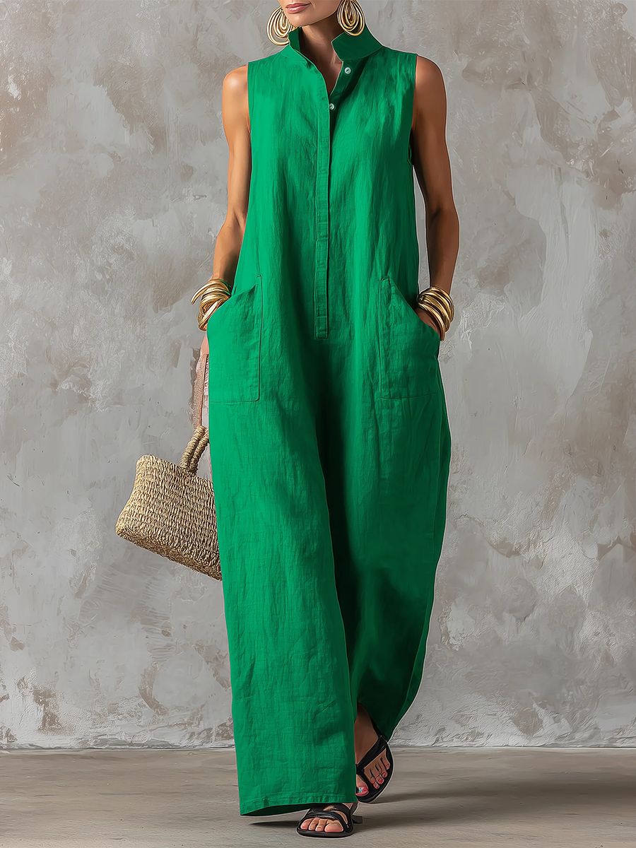 🎁New Arrivals🔥Minimalist & Elegant Stand-collar Sleeveless Cotton-linen Wide-leg Jumpsuit