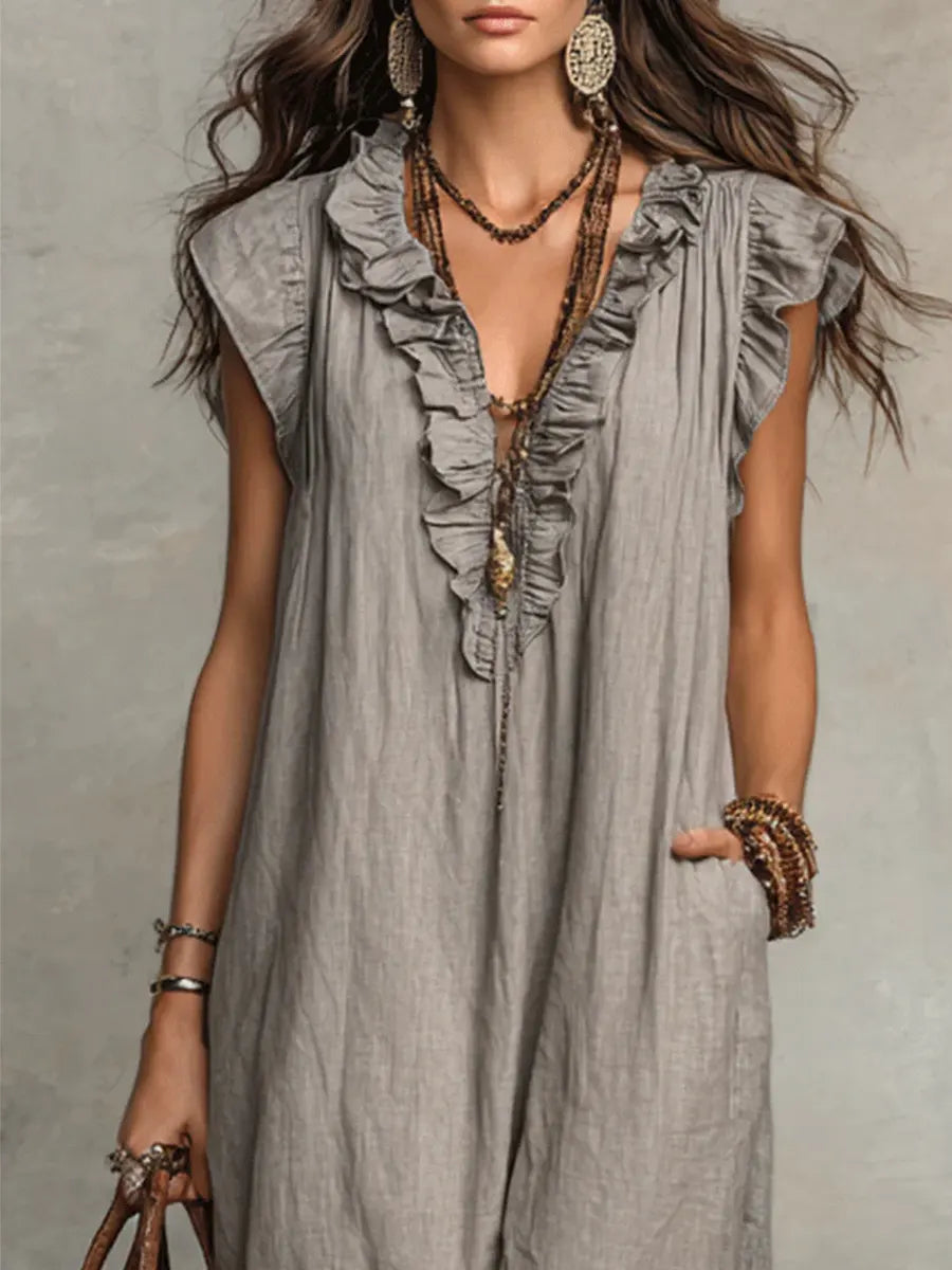 🌷Flowy Ruffle V-Neck Maxi Dress – Elegant, Slimming & Effortlessly Chic