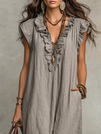 🌷Flowy Ruffle V-Neck Maxi Dress – Elegant, Slimming & Effortlessly Chic