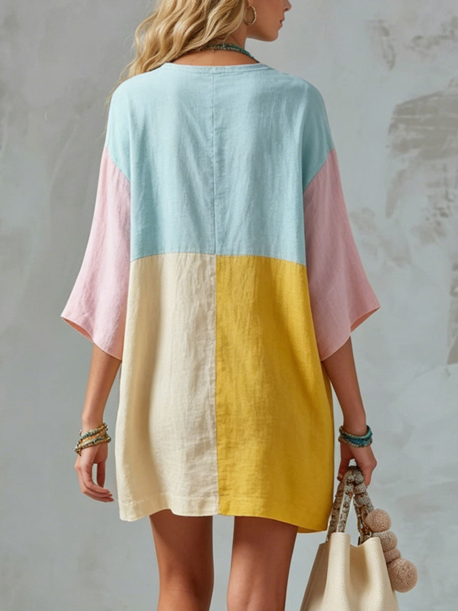 🎁New Arrivals🔥Women's Casual Loose-fit Color-block Cotton-linen Short-sleeve Mini Dress