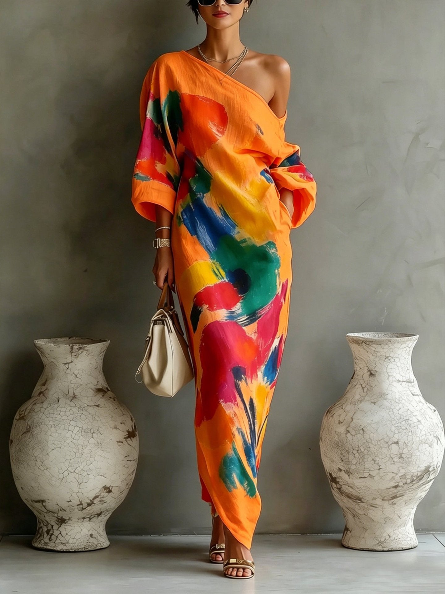 🌷🌷Women's Artistic Print One-shoulder Maxi Dress