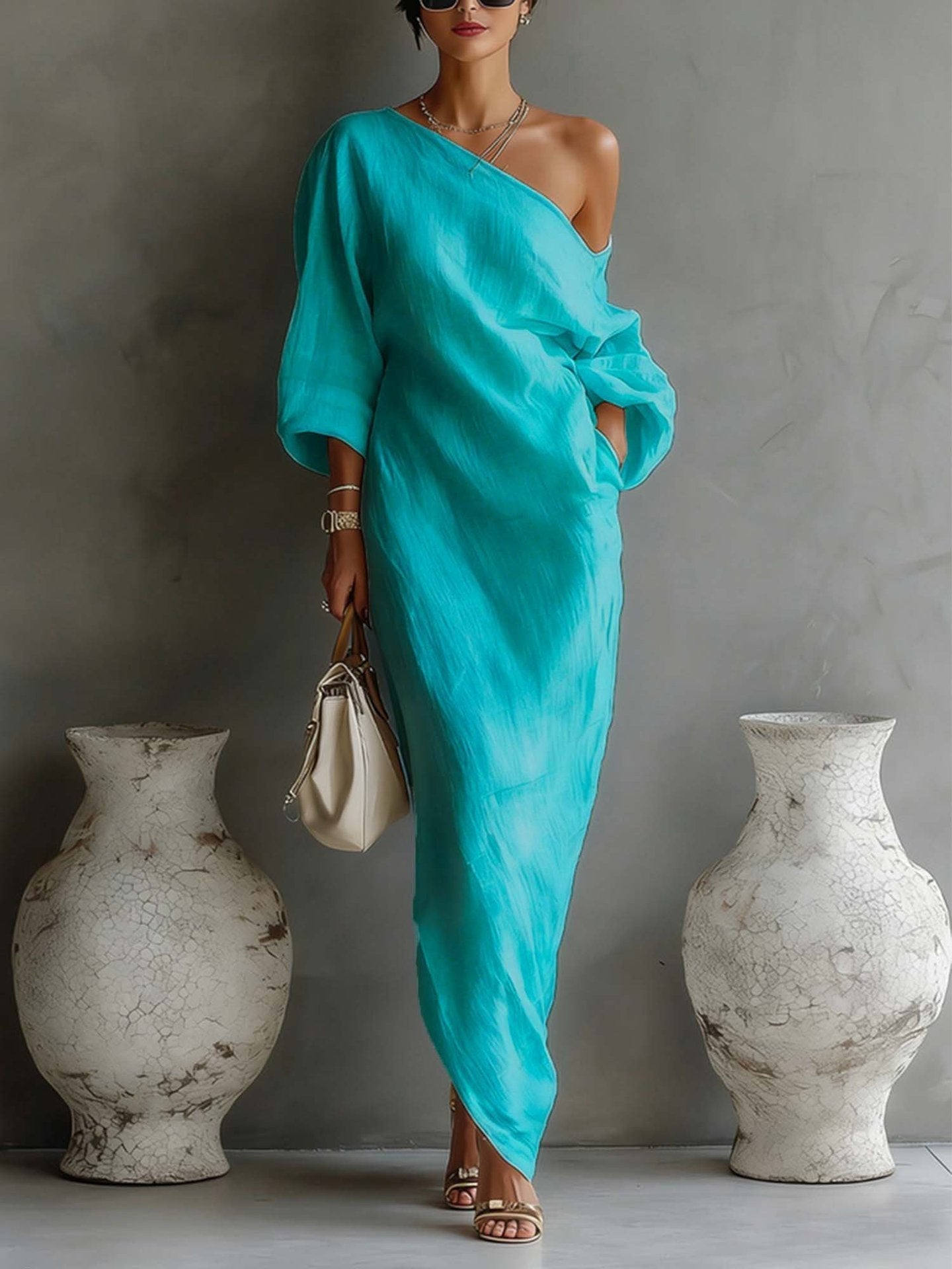 🌷🌷Women's Artistic Print One-shoulder Maxi Dress